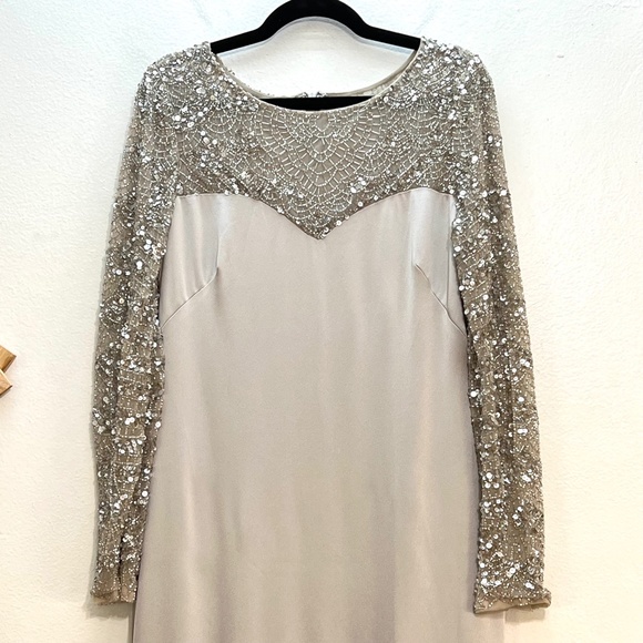 Theia Embellished Long Sleeve Satin Gown - Picture 4 of 10